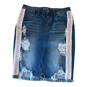 Machine Denim Skirt Glitter Size Large Pink White distressed Mini with pockets
